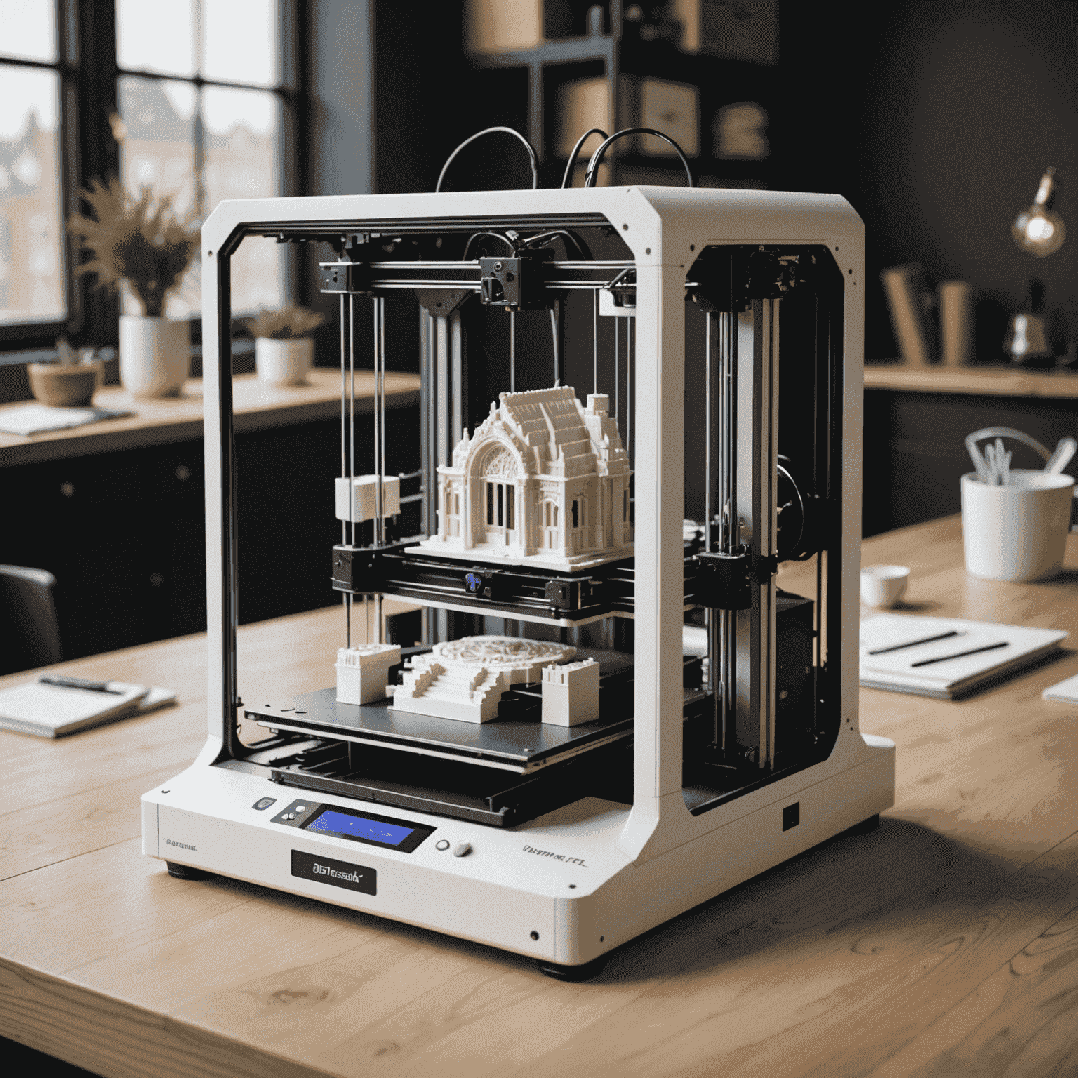 A high-resolution 3D printer creating a complex architectural model, showcasing intricate details and smooth surfaces