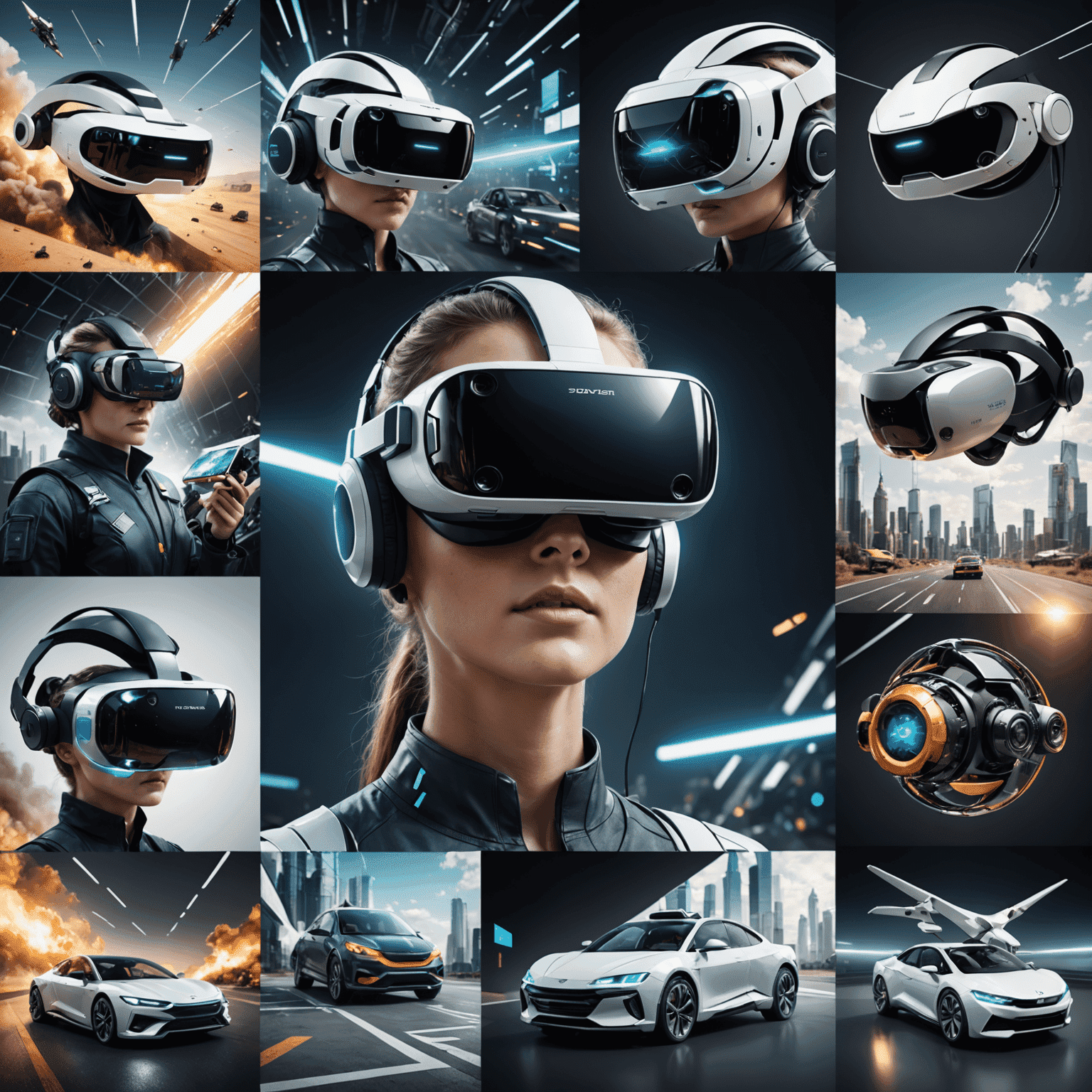 A collage of futuristic 3D designs showcasing various industry trends such as virtual reality, augmented reality, and photorealistic rendering