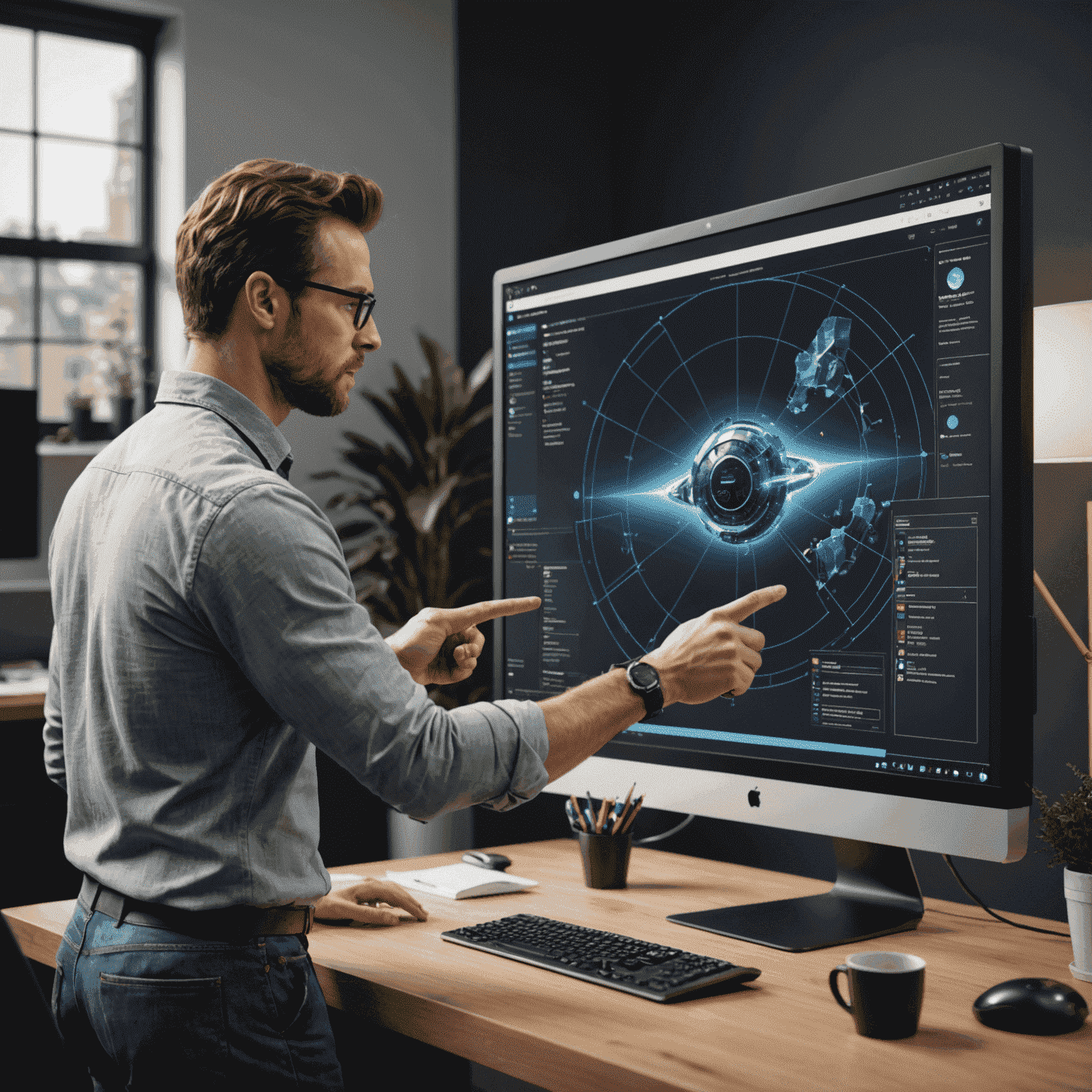 3D artist providing consultation to a client, pointing at a detailed 3D visualization on a large monitor