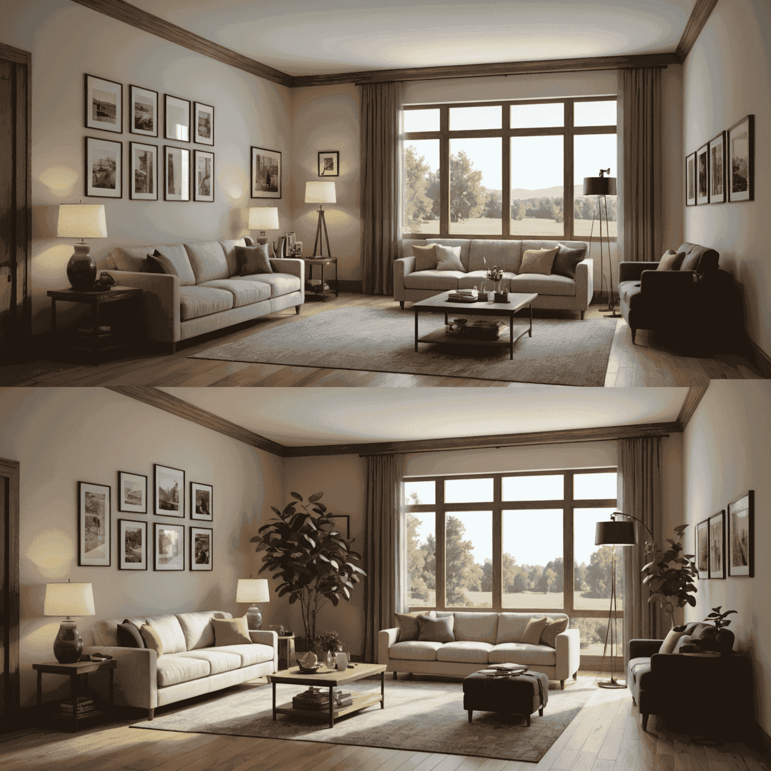 Side-by-side comparison of a 3D interior scene, showing the difference between old and new lighting engines in SketchUp