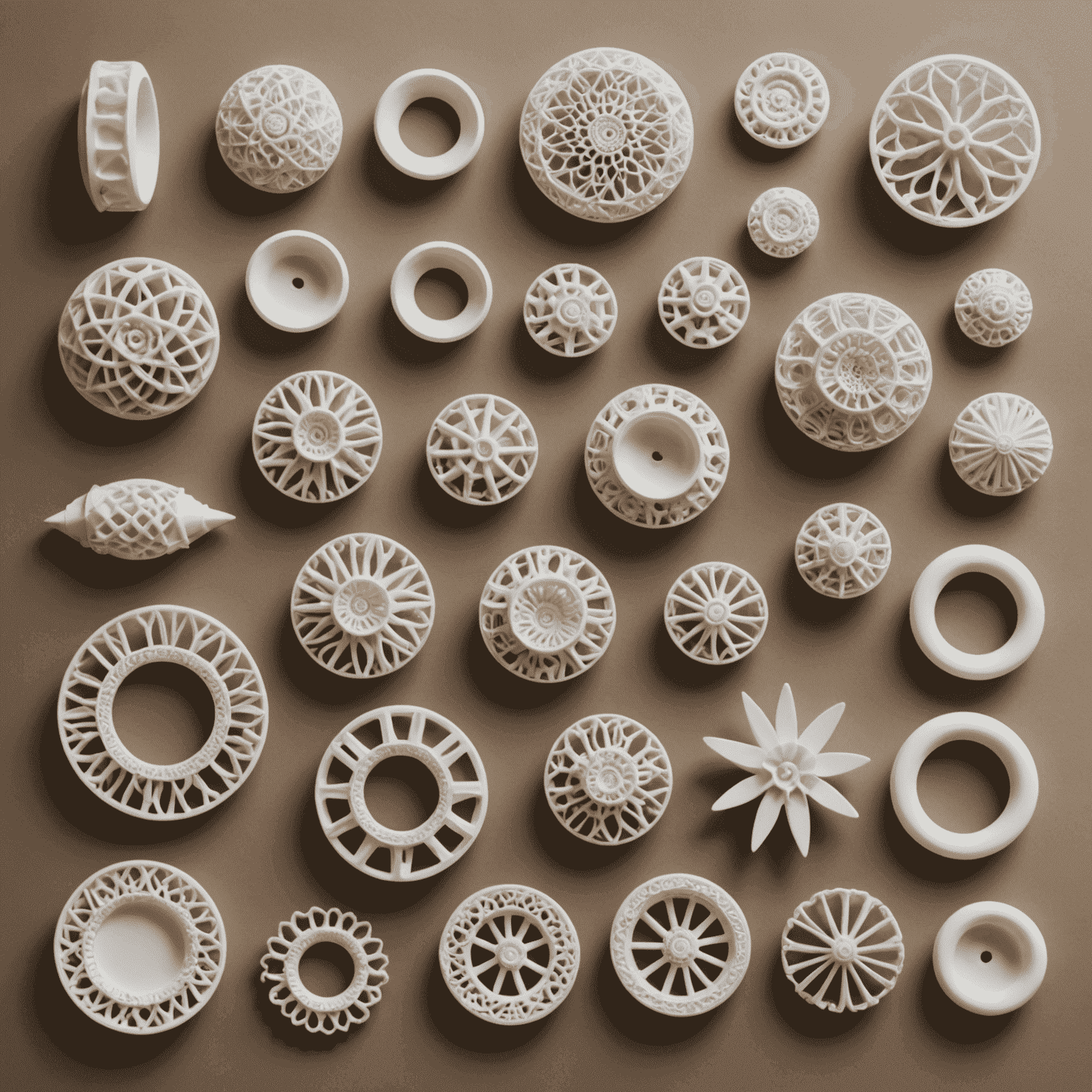 A collection of 3D printed objects showcasing various materials including metal, plastic, and ceramic, with intricate details visible