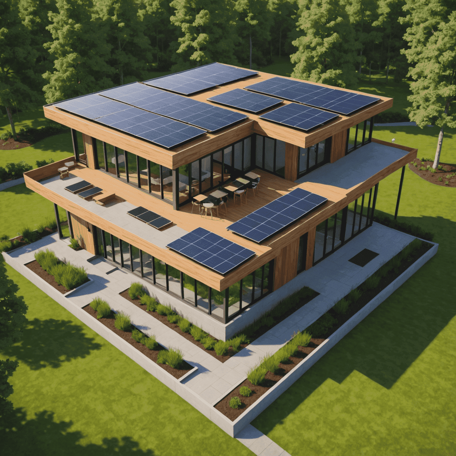 A 3D rendered eco-friendly building design with solar panels, green roof, and sustainable materials, created in SketchUp