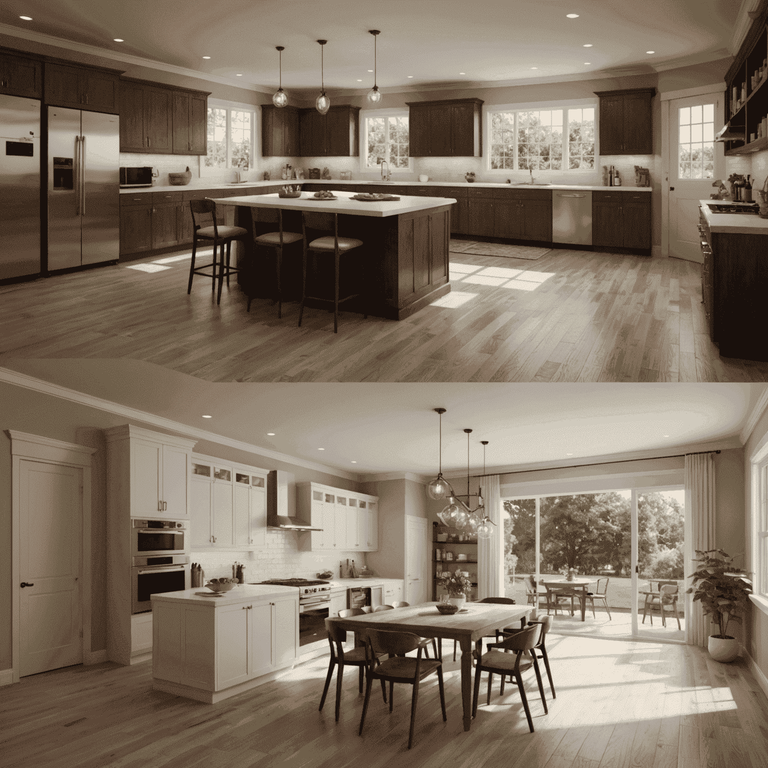 Before and after comparison of a 3D visualization project, showing significant improvement in rendering quality, materials, and lighting