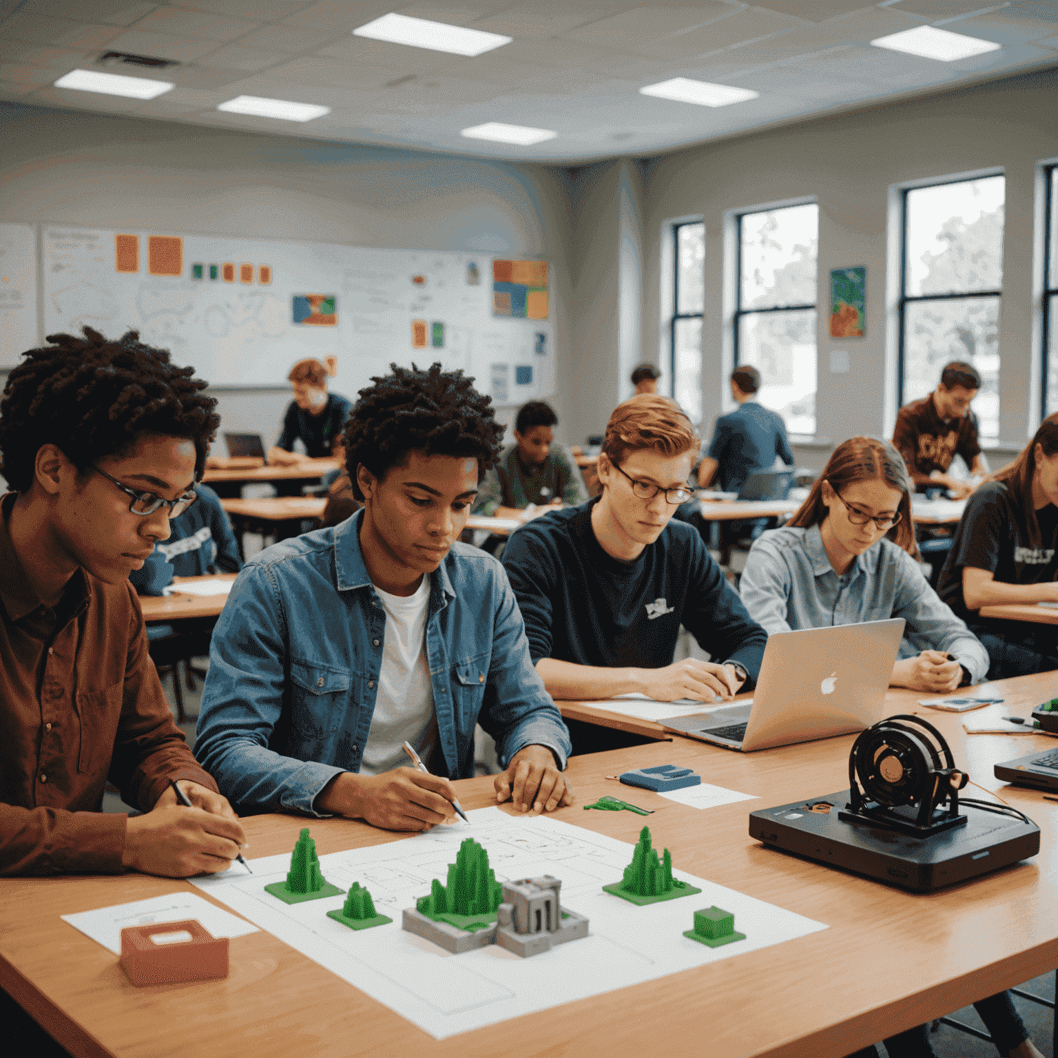 A classroom setting with students working on 3D models in SketchUp, with 3D printers visible in the background